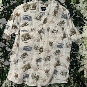Basic Editions Men's White and Blue Map Print Shirt